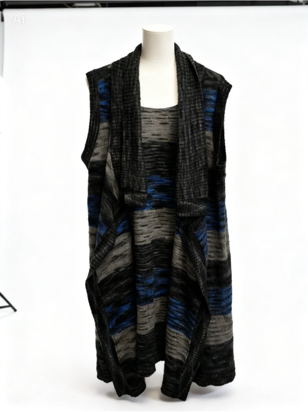 Cato Striped Knit Sleeveless Cardigan Vest in Black, Gray & Blue